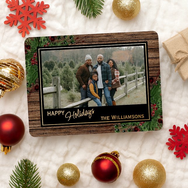 Red Berries Green Holly Botanical Foliage Gold Foil Holiday Card (Creator Uploaded)