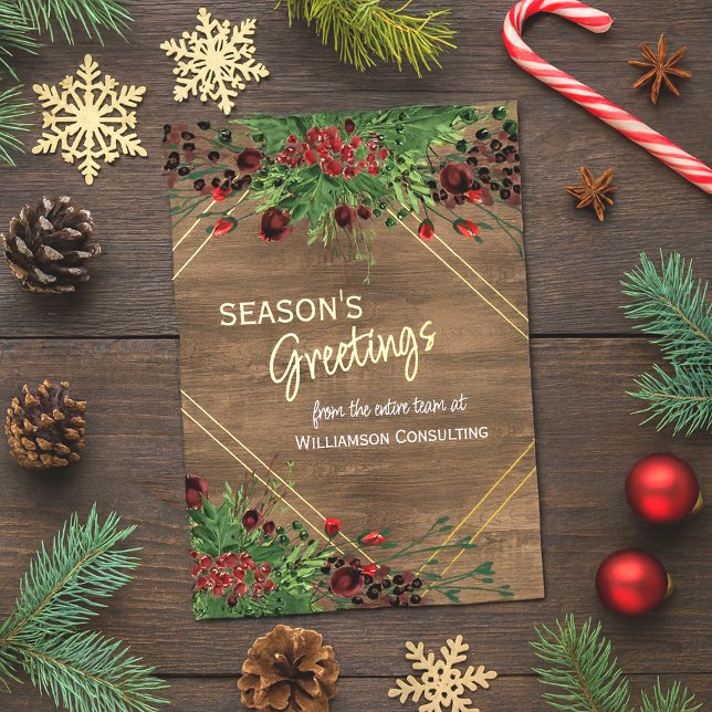 Red Berries Green Holly Botanical Foliage Gold Foil Holiday Card (Creator Uploaded)