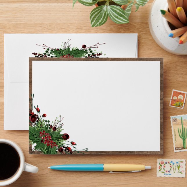 Red Berries Green Holly Botanical Foliage Holiday Envelope (Desk)