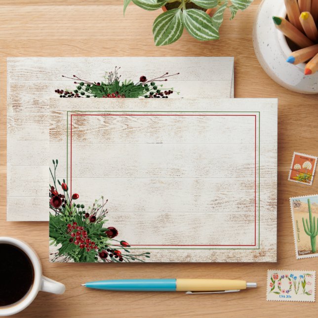 Red Berries Green Holly Botanical Foliage Holiday Envelope (Desk)