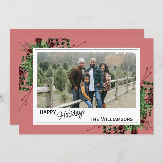 Red Berries Green Holly Botanical Foliage On Pink Holiday Card (Front/Back)