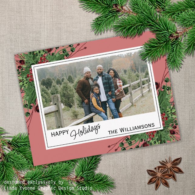 Red Berries Green Holly Botanical Foliage On Pink  Postcard (Creator Uploaded)