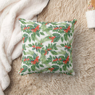Red Berries Green Holly Floral Christmas Holiday  Cushion