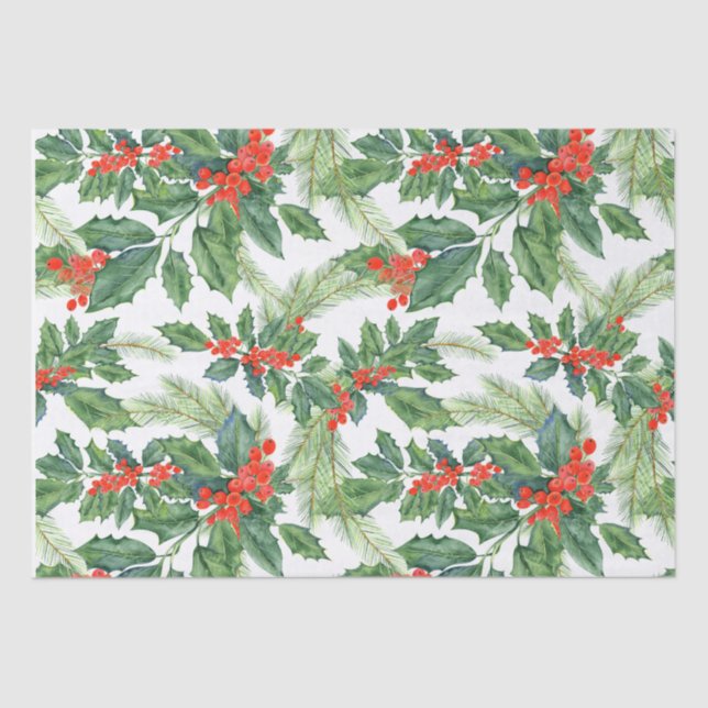 Red Berries Green Holly Floral Christmas Holiday Tissue Paper (Front)