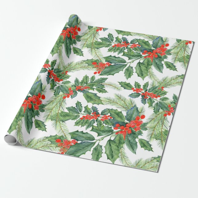 Red Berries Green Holly Floral Christmas Holiday Wrapping Paper (Unrolled)