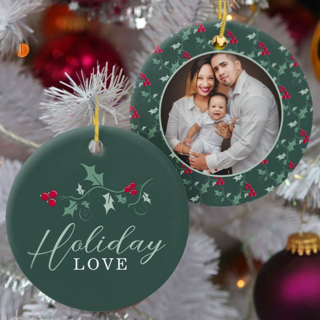Red berries green holly leaves Christmas photo Ceramic Ornament (Creator Uploaded)
