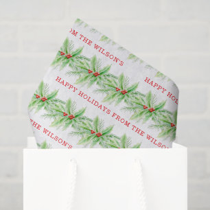 Red berries green holly watercolor art Christmas Tissue Paper