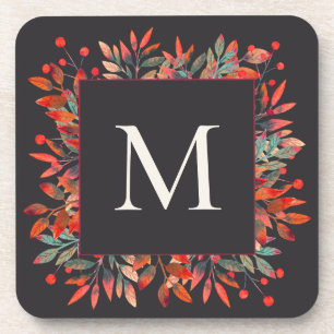Red Berries & Green Leaves Monogram Coaster