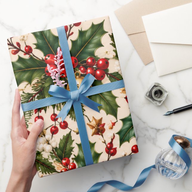 Red Berries, Green Leaves & Pinecones Pattern Wrapping Paper (Gifting)