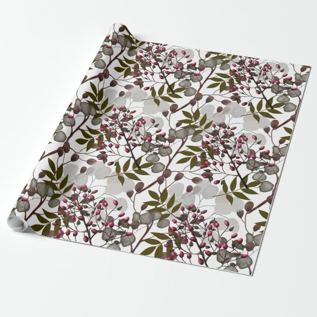 Red Berries Green Leaves White Coin Flowers  Wrapping Paper (Unrolled)
