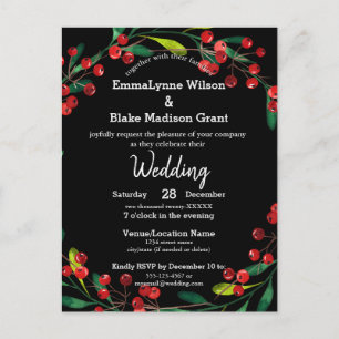Red Berries Green Wreath Black Silver Wedding Invi Postcard