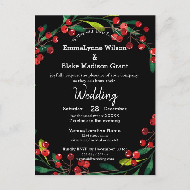 Red Berries Green Wreath Black Silver Wedding Invi Postcard (Front)