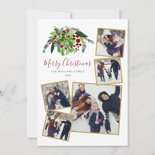 Red Berries Greenery 5 Photo Christmas  Holiday Card (Front)