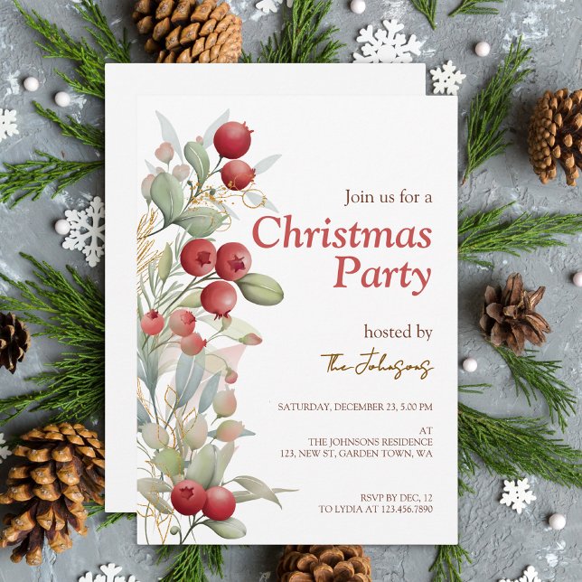 Red Berries Greenery Botanical Christmas Party Invitation (Creator Uploaded)