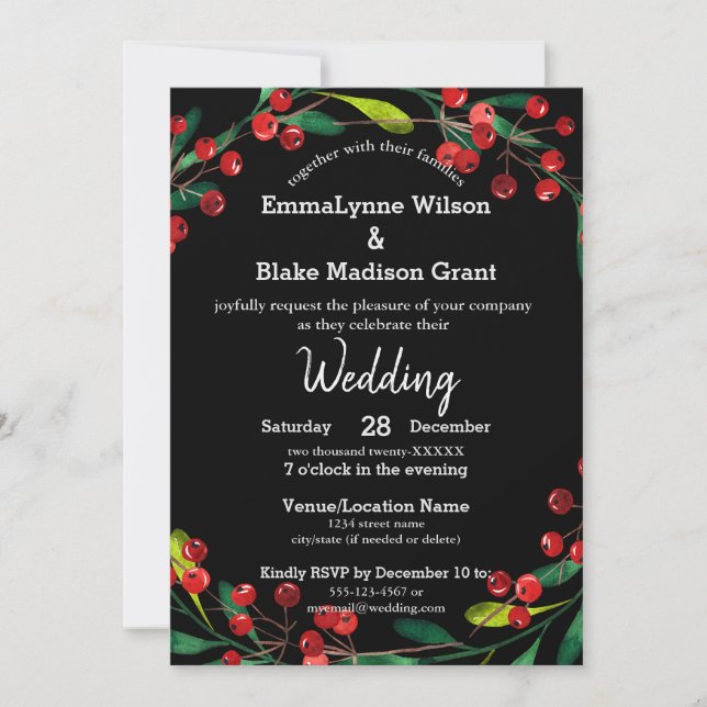 Red Berries Greenery Christmas Wedding Invitation (Front)