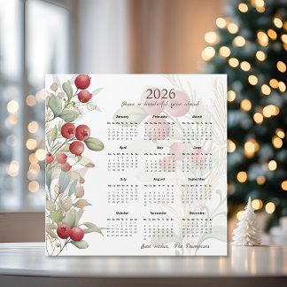Red Berries Greenery Elegant 2026 Calendar Card