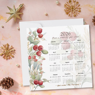 Red Berries Greenery Elegant 2026 Calendar Holiday Card