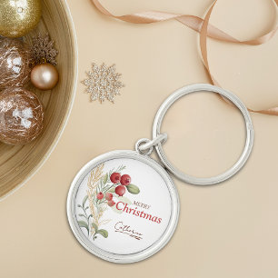 Red Berries Greenery Elegant Name Christmas Key Ring