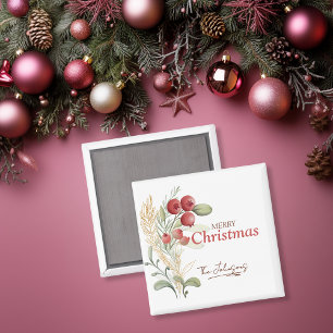 Red Berries Greenery Elegant Name Christmas Magnet