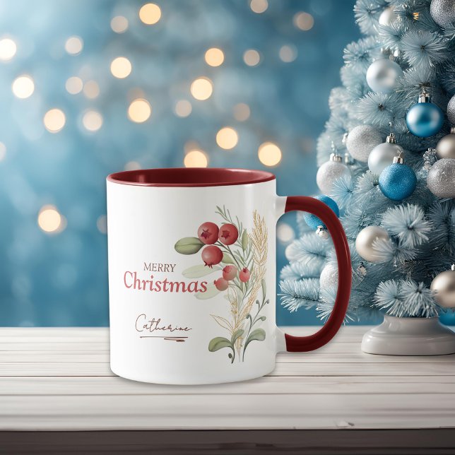 Red Berries Greenery Elegant Name Christmas Mug (Creator Uploaded)