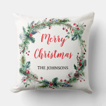 Red Berries Greenery Family Christmas Throw Pillow
