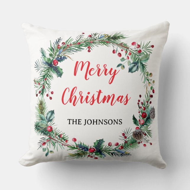 Red Berries Greenery Family Christmas Throw Pillow (Front)