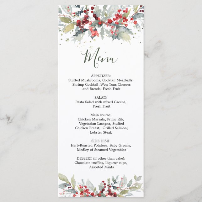 Red Berries Greenery Foliage Wedding Menu (Front)