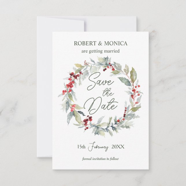 Red Berries Greenery Foliage Wedding Save the Date Invitation (Front)