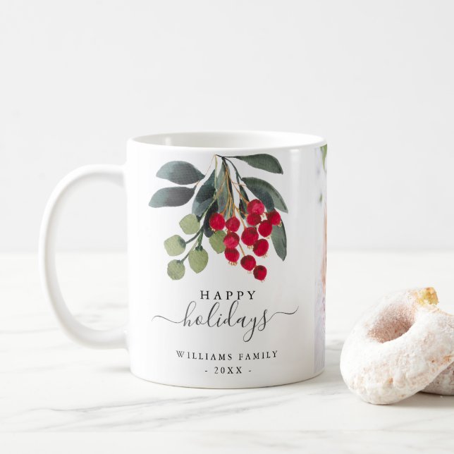 Red Berries Greenery Happy Holidays Custom Photo Coffee Mug (With Donut)