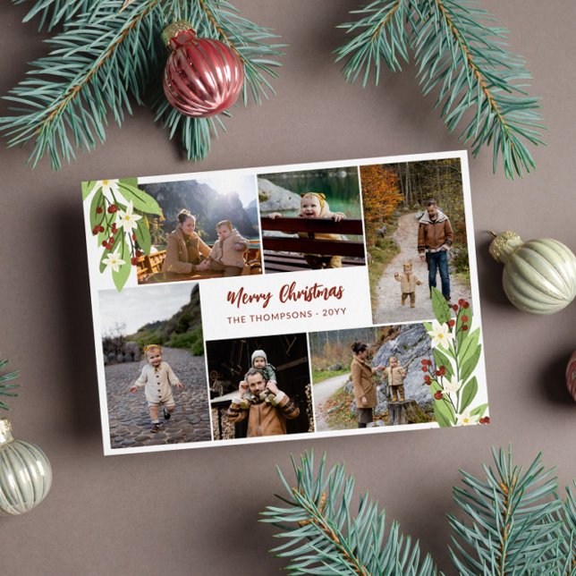 Red Berries Greenery Photo Collage Merry Christmas Holiday Card (Creator Uploaded)