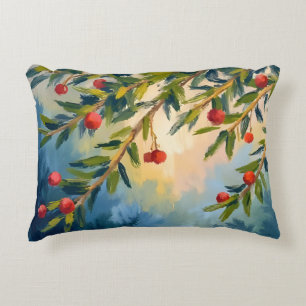 Red Berries & Greenery   Winter Holiday Decorative Cushion
