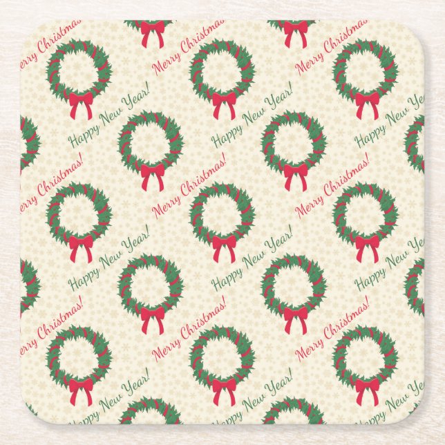 Red Berries Holly Merry Christmas Square Paper Coaster (Front)