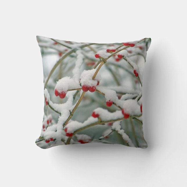 Red Berries in the Snow winter scene Cushion (Front)