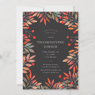 Red Berries & Leaves Custom Thanksgiving Dinner Invitation