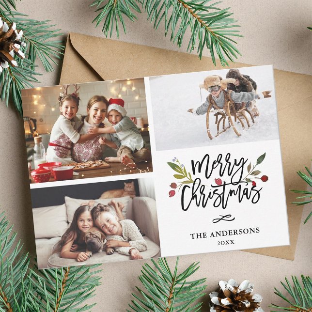 Red Berries Merry Christmas 3 Photo Collage Holiday Card (Creator Uploaded)