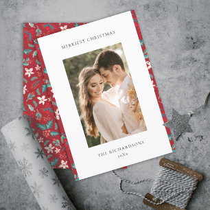 Red Berries Merry Christmas Floral Pattern Photo Holiday Card