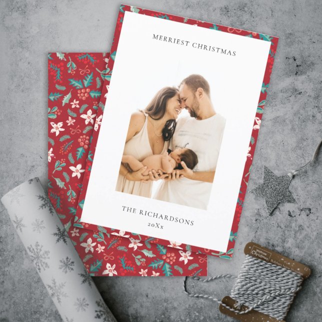 Red Berries Merry Christmas Floral Pattern Photo Holiday Card (Creator Uploaded)