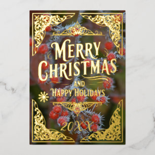 Red Berries Merry Christmas Happy Holidays Year Foil Holiday Card