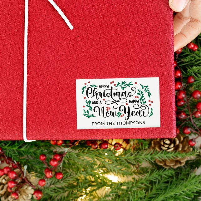 Red Berries Merry Christmas Happy New Year From Rectangular Sticker (Creator Uploaded)