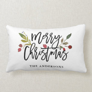 Red Berries Merry Christmas   Holiday Lumbar Cushion
