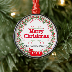 Red Berries Merry Christmas Wreath Metal Ornament