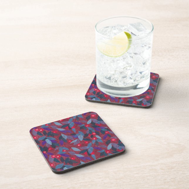 Red Berries Minimal Floral Pattern Simple Botany Coaster (Right Side)