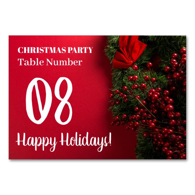 Red Berries & Mistletoe, Christmas Table Number (Front)