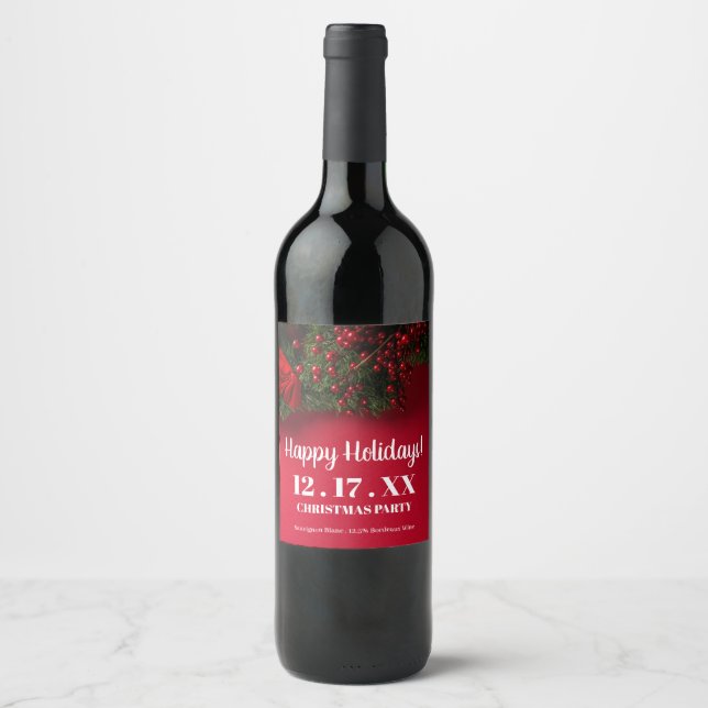 Red Berries & Mistletoe, Christmas Wine Label (Front)