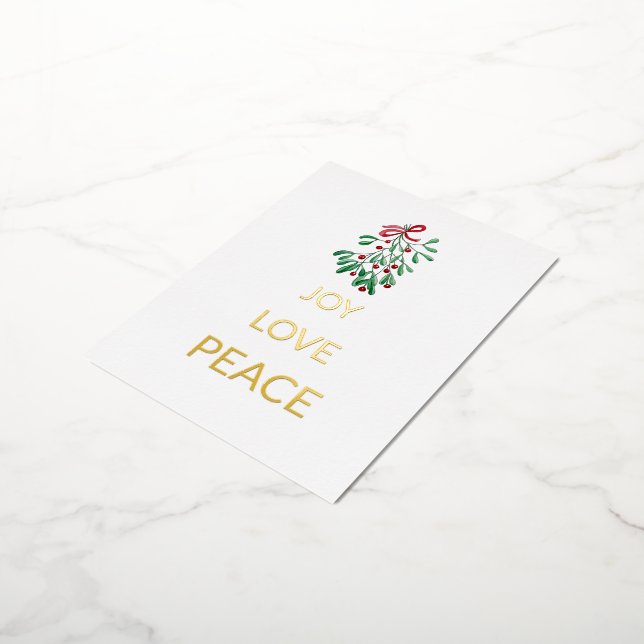 Red Berries Mistletoe Joy Love Peace Foil Holiday Postcard (Rotated)