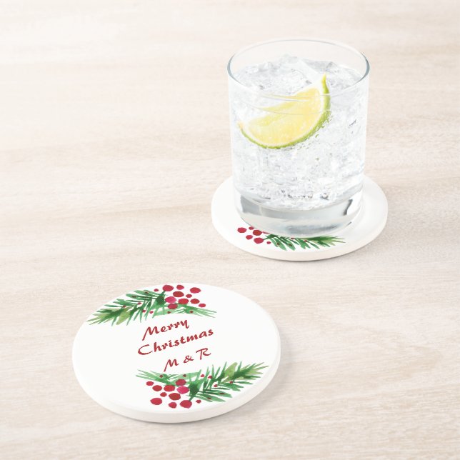 Red Berries On A Green Pine Branches Coaster (Side)