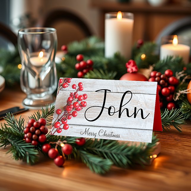 Red berries on rustic wood Christmas Place Card (Creator Uploaded)