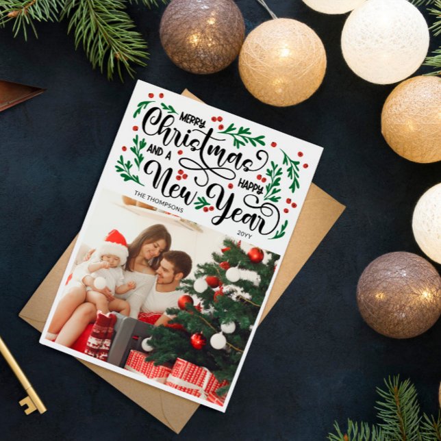 Red Berries Photo Merry Christmas Happy New Year Holiday Card (Creator Uploaded)