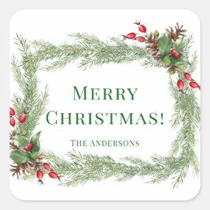 Red Berries Pine Needles Merry Christmas Square Sticker