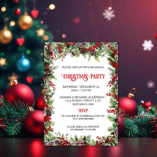 Red Berries, Pine, Pinecones Christmas Party   Holiday Card